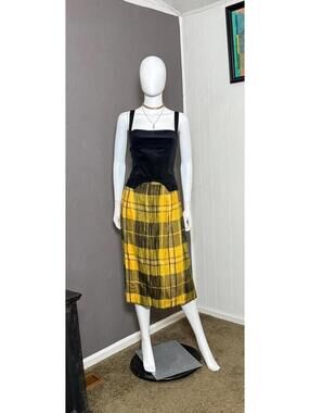 1980's Yellow Tartan Plaid Midi Skirt Linen Blend Made in Italy